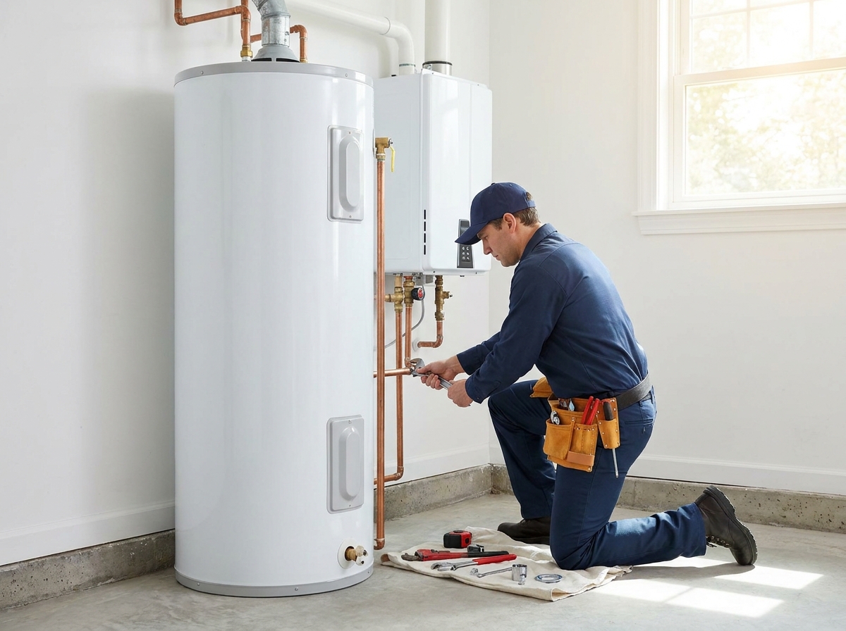 Licensed plumber Austin Allen installing a water heater in Moore, OK